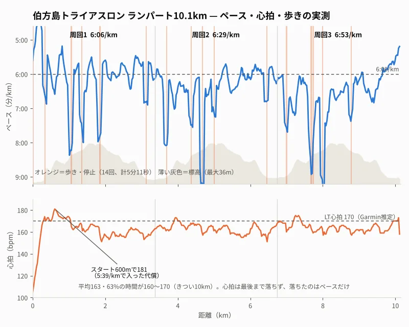 伯方島トライアスロンのランパート10.1km。上がペース（オレンジの帯は歩き・停止、灰色は標高）、下が心拍