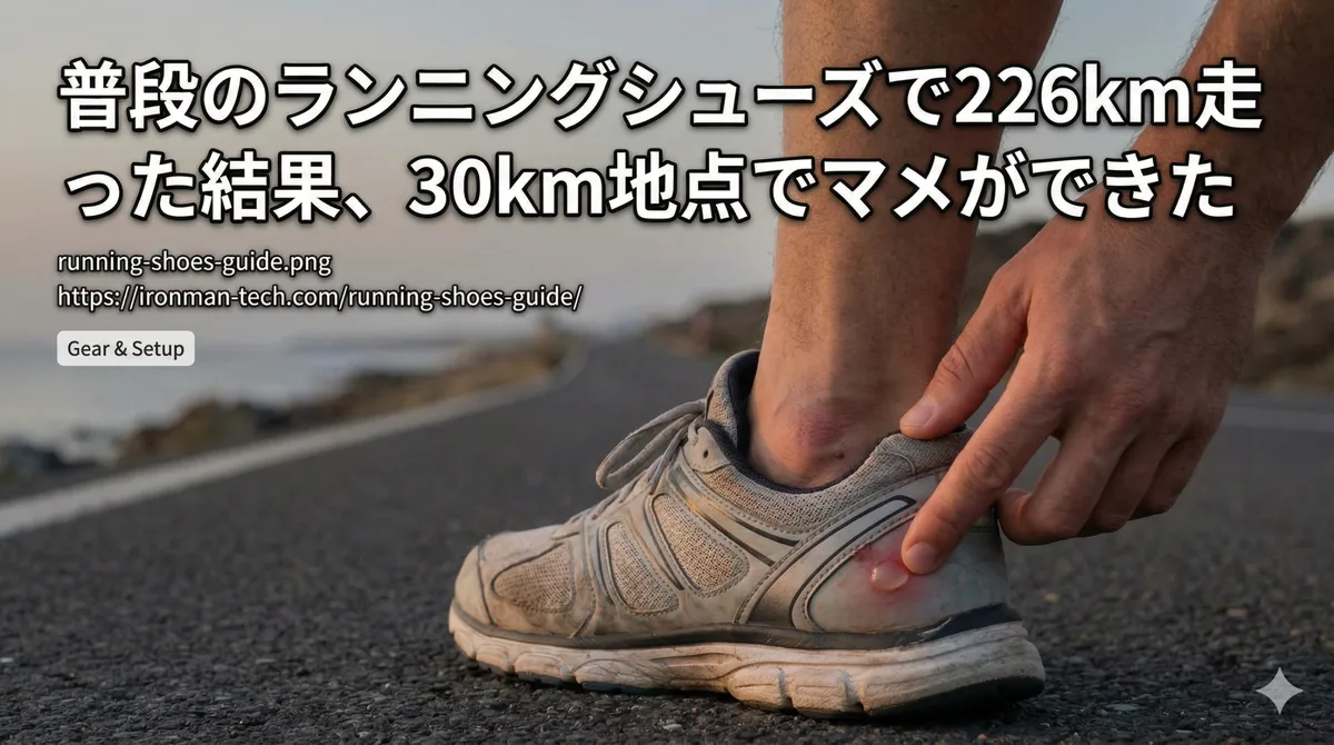 普段のランニングシューズで226km走った結果、30km地点でマメができた
